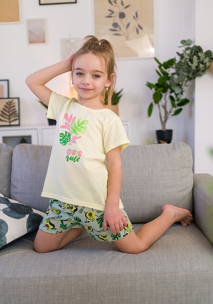Пижама для девочки летняя футболка и шорты с авокадо 00002074, 98-104 см, 3-4 года