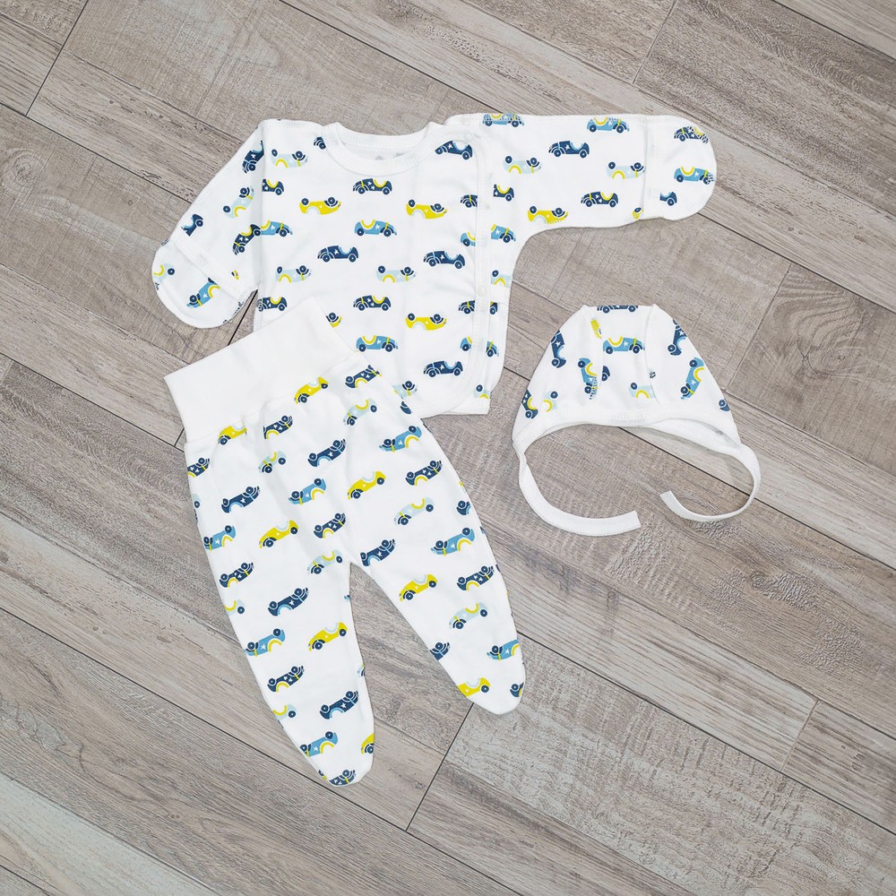 Комплект для новонародженого хлопчика сорочка, повзунки і шапочка 00003707, 50-56 см, 0-1 місяць
