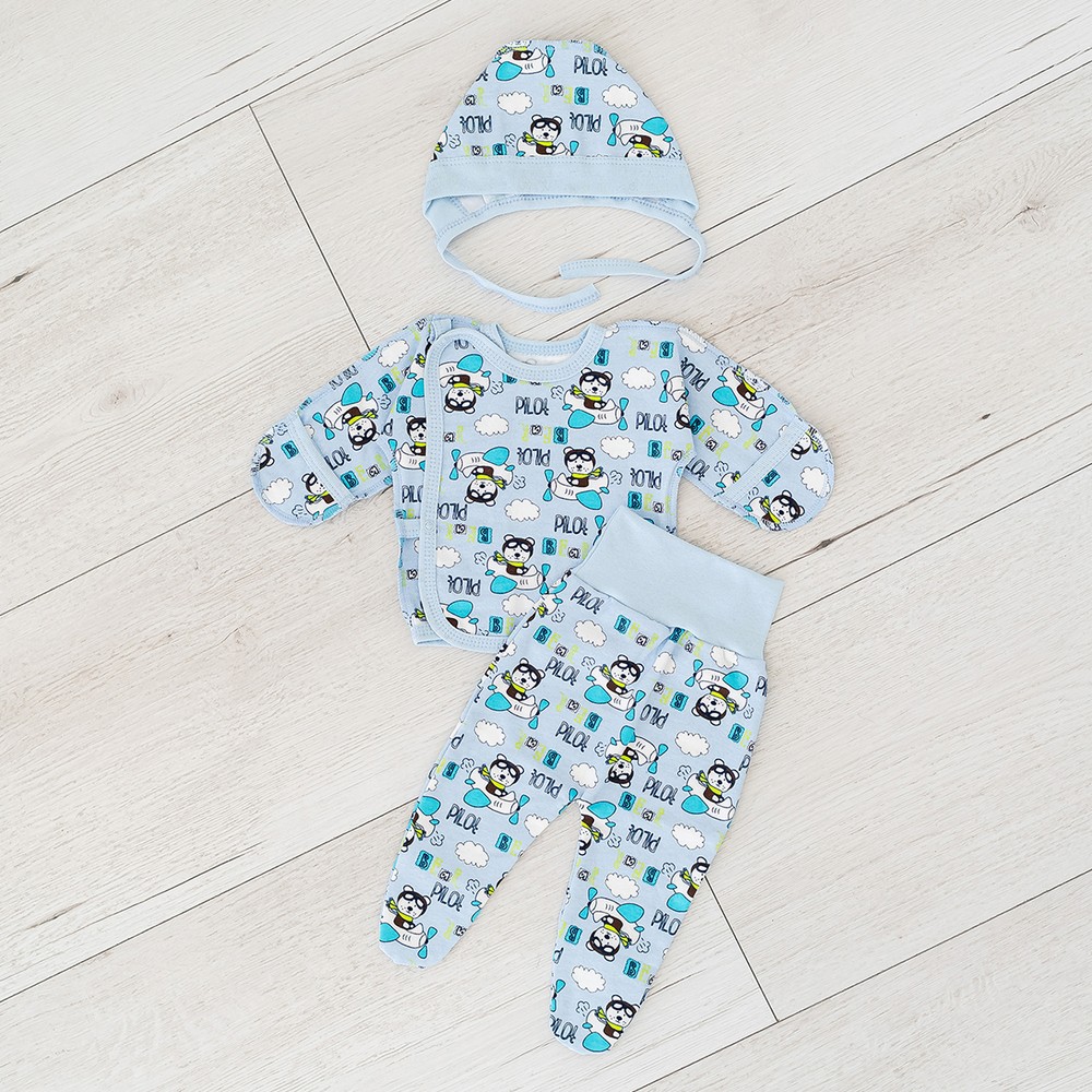 Комплект для новорожденного мальчика кофточка, ползунки и шапочка с начесом голубой 00003134, 50-56 см, 0-1 месяц