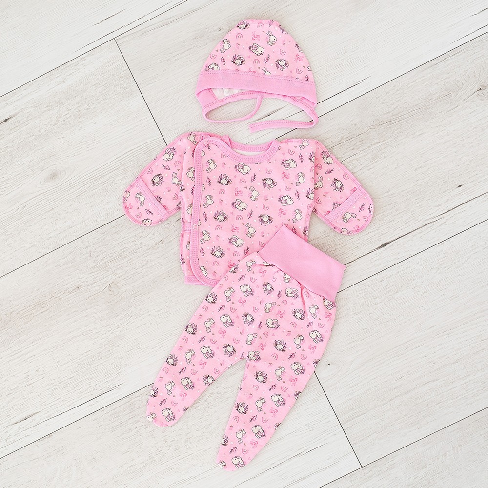 Комплект для новорожденной девочки кофточка, ползунки и шапочка с начесом розовый 00003135, 50-56 см, 0-1 месяц